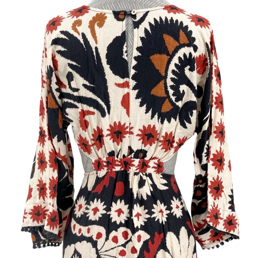 Farm Rio Maxi Dress Red White Black Medallion Long Sleeve V Neck Size XS / P - Picture 3 of 13